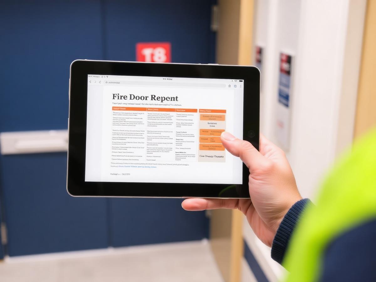 Engineer reviewing a fire door inspection report on site before remedial works